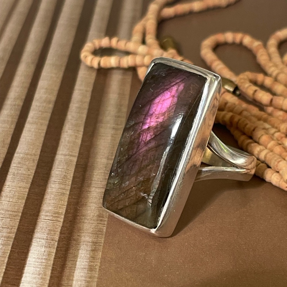 “BOHO” 925 Sterling Silver Natural Labradorite Ring | adjustable Ring - Picture 12 of 16